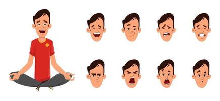 Young boy doing yoga or relax meditation. businessman character with different type of facial expression vector