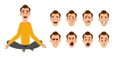 Young man doing yoga or relax meditation. businessman character with different type of facial expression vector