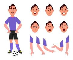 personaje de dibujos animados de futbolista para su animación, diseño o movimiento con diferentes emociones faciales y manos vector