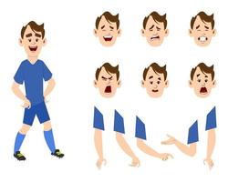 young footballer cartoon character set for your animation, design or motion with different facial emotions and hands vector