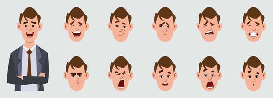 cute  businessman cartoon character with different facial expression set.  different facial emotions for custom animation. vector