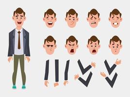 cute businessman cartoon character set for your animation, design or motion with different facial emotions and hands vector