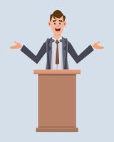 cute businessman speaker stands behind the podium and speaks.  Flat style cartoon character for your design, motion or animation. vector