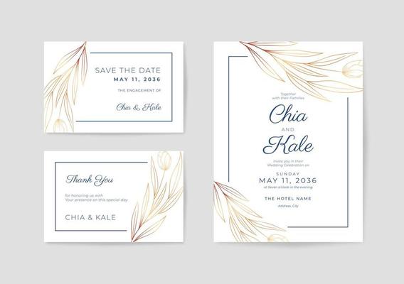 Minimalist and beautiful white wedding invitation with gold flowers
