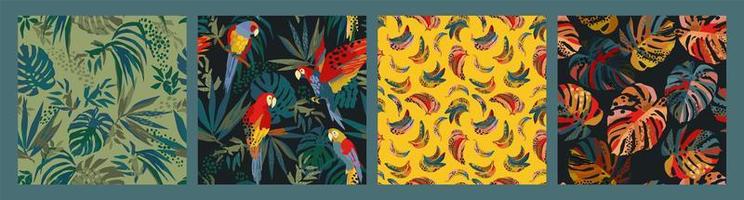 Set of abstract tropical seamless patterns. Parrots, bananas, tropical plants. Modern exotic design vector