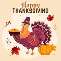 happy thanksgiving illustration with turkey and pumpkin vector