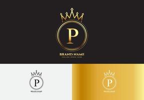 letra p, oro, lujo, corona, logotipo, concepto vector