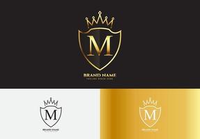 letra m, oro, lujo, corona, logotipo, concepto vector