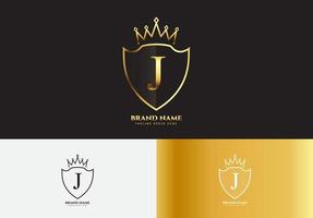 Letra j oro concepto de logotipo de corona de lujo vector