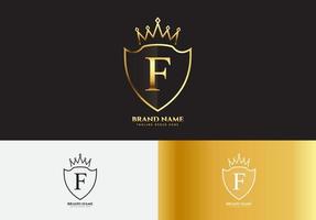 letra f, oro, lujo, corona, logotipo, concepto vector