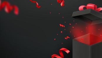 caja de regalo negra con brillo rojo. banner de vector