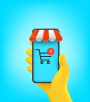 Man holding mobile phone with shopping application vector