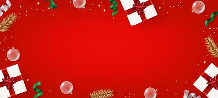 Christmas flat lay background with holiday elements. Realistic vector illustration
