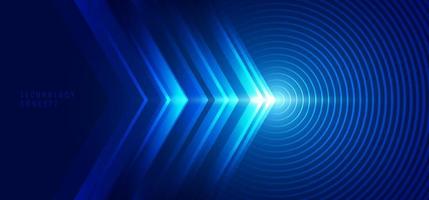 Abstract technology concept blue arrows with circles lines and lighting effect background vector