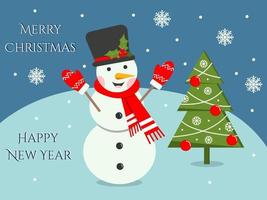 Happy snowman character in a hat, mittens and scarf. Christmas greeting card, flat vector illustration