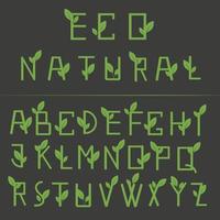 Eco natural font with green leaves on black background. Typography simple alphabet. Vector illustration