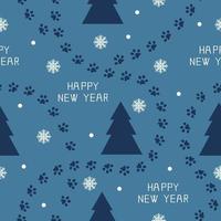año nuevo de patrones sin fisuras, bosque de invierno con patas, abetos, copos de nieve y texto. Ilustración de vector de decoración de invierno.
