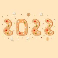 Numbers 2022 from gingerbread cookies on beige background. Christmas ornament vector illustration