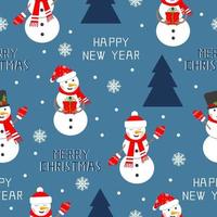 Happy snowman seamless pattern with tree, snowflake and text. Symbol of the Christmas holidays, flat vector illustration
