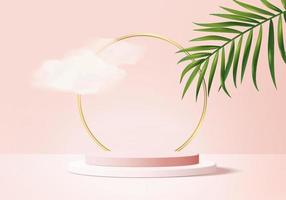 Background vector 3d pink rendering with podium and minimal cloud scene, minimal product display background 3d rendered geometric shape sky cloud pink pastel. Stage 3d render product in platform