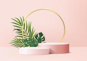 3d background products display podium scene with green leaf geometric platform. background vector 3d render with podium. stand to show cosmetic products. Stage showcase on pedestal display pink studio