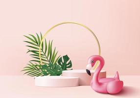 3d pink flamingo render for summer, background product display podium scene with green leaf geometric platform. background vector 3d render with podium. stand to show cosmetic product display studio