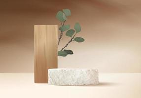 Los productos de fondo 3D muestran una escena de podio de piedra con una plataforma geométrica de hojas de palma. vector de fondo de madera render 3d con podio. stand mostrar producto cosmético. Escaparate de escenario en pedestal de pantalla beige.