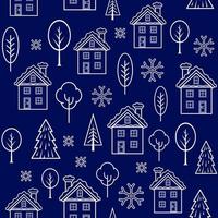 Winter pattern seamless illustration. Thin line snow covered houses with outdoor trees and Christmas trees line art pattern on blue background. vector