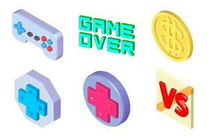 Videogame icons set. Collection of game symbols 3D rendering. Gaming icons set isometric design. vector