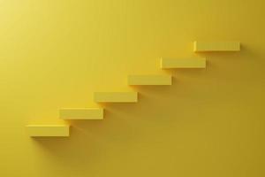 Pila de bloques amarillos como escalón sobre fondo amarillo. éxito, escalada a la cima, progresión, concepto de crecimiento empresarial. Ilustración de render 3d. foto