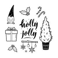 Big set of hygge and christmas cozy elements. Holly jolly lettering sign. Winter elements for greeting cards, posters, stickers and seasonal design. Isolated on white background. Winter decorations