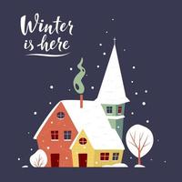 tarjeta de navidad con pequeña ciudad de invierno vector