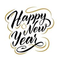 Happy New Year lettering composition. Two colours gold and black. Vector element for label, greeting card, poster, banner, flyer, christmas decoration