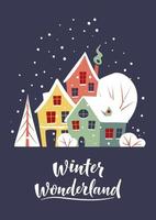 Tarjeta de felicitación de Navidad con un pequeño pueblo de invierno cubierto de nieve. las maravillas de invierno. ilustración vectorial en estilo plano de moda para tarjetas, portadas, invitaciones, carteles, pancartas, folletos, pancartas vector