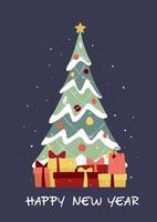 árbol de navidad decorado cubierto de nieve y cajas de regalo. feliz Navidad y un Feliz Año Nuevo. ilustración vectorial en estilo plano de moda para tarjetas, portadas, invitaciones, carteles, pancartas, folletos vector