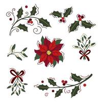 Set of holly and mistletoe branches and  poinsettia isolated on white. Xmas vector floral elements for winter holiday design, postcard, banner, flyer, advent, invitation