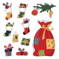 Set of Christmas elements in trendy flat style. Gift boxes, gift socks with presents, santa bag, decorated fir branch,  For banner, poster, cards, invitations, apps, advent. Vector illustration