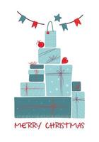 Big pile of blue wrapped christmas gift boxes vector