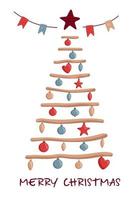 Minimalistic decorated christmas tree with star, decoration balls and garland. Merry Christmas concept. Scandinavian Style. Vector illustration in trendy flat style for greeting card, banner, poster