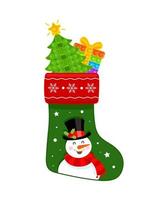 Christmas green traditional sock with Christmas tree and gifts and snowman. Pop it. New Year theme. New Year. Vector illustration