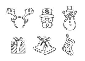 Merry Christmas doodle icons set. New year theme. Line vector illustration