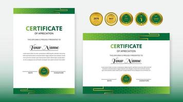 Gradient golden green luxury certificate with gold badge set For award, business, and education needs vector