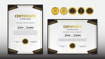 Certificado de lujo negro dorado degradado con insignia dorada para necesidades de premios, negocios y educación