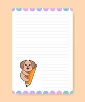 página del planificador y lista de tareas con un lindo perro. ilustración vectorial de dibujos animados. vector