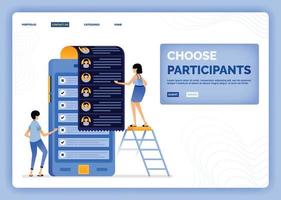 Ilustración vectorial de seleccionar y analizar solicitantes de empleo para seleccionar participantes y voluntarios El diseño se puede utilizar para la página de destino Sitio web Aplicaciones móviles Póster Folleto ui ux vector