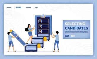 La ilustración vectorial de selección y selección de candidatos empleados para reclutar y hacer referencia al diseño del equipo se puede utilizar para la página de destino, sitio web, aplicaciones móviles, póster, folleto ui ux vector