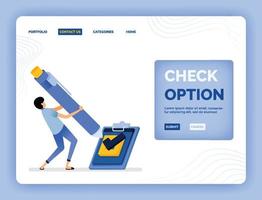 La ilustración vectorial de las opciones de la lista de verificación para completar las encuestas o el diseño de exámenes se puede utilizar para la página de destino, el sitio web, el sitio web, las aplicaciones móviles, el póster, el folleto ui ux vector