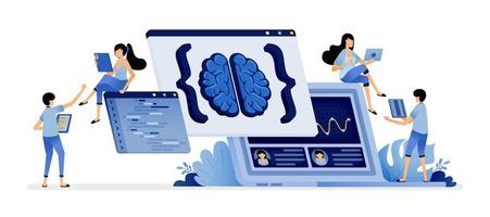 illustration of programming to analyze and research data with artificial intelligence technology Vector design for landing page web website mobile apps poster flyer ui ux