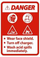 señal de advertencia use protector facial, apague el cargador, lave los derrames de ácido inmediatamente vector