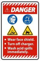señal de advertencia use protector facial, apague el cargador, lave los derrames de ácido inmediatamente vector
